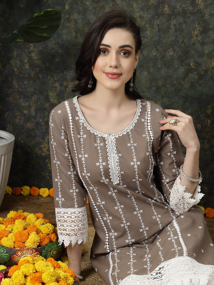 Brown & White Ethnic Motifs Printed Pure Cotton A Line Kurta