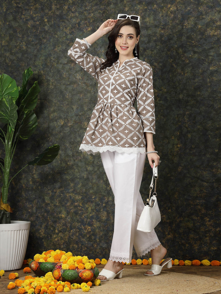 Brown Ethnic Motifs Embroidered Thread Work Pure Cotton A-Line Kurti