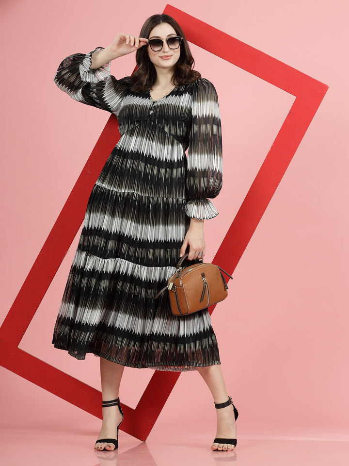 Tie and Dye Print Bell Sleeve Fit & Flare Midi Dress