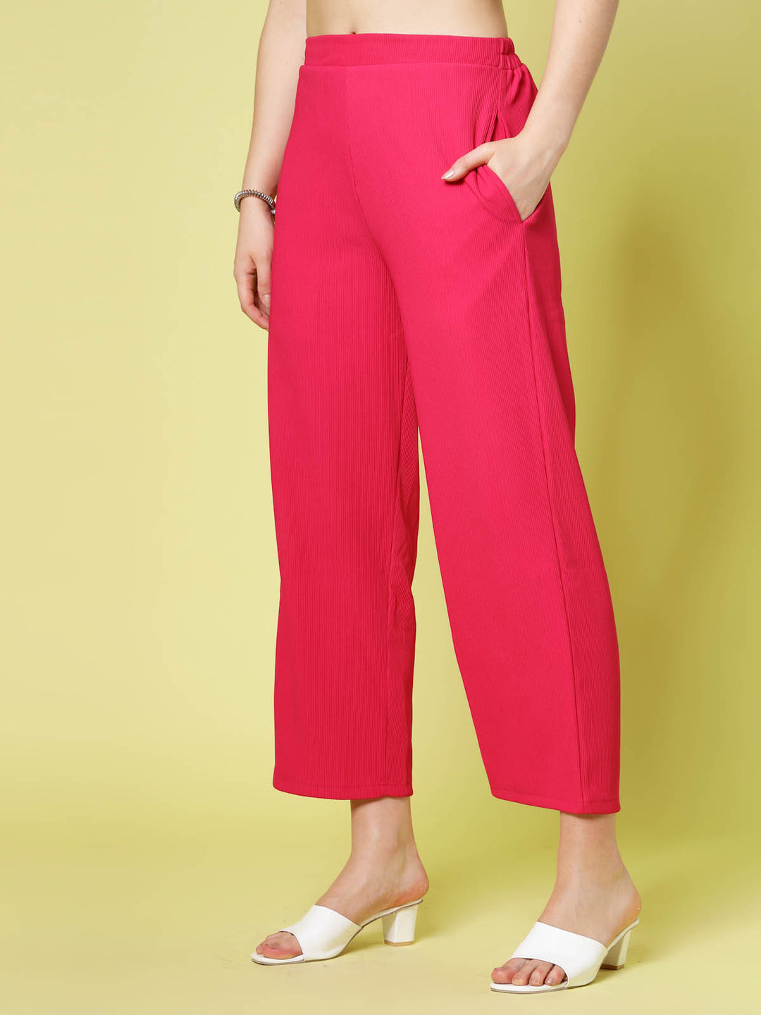 Women Pink Solid Parallel Trousers