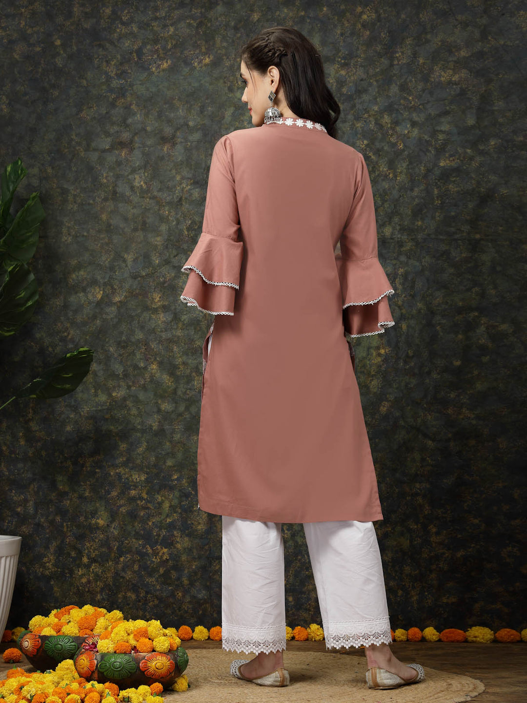 Pink Floral Printed Thread Work Bell Sleeves Cotton Straight Kurta