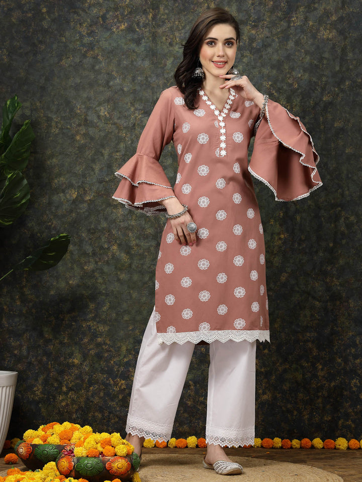 Pink Floral Printed Thread Work Bell Sleeves Cotton Straight Kurta