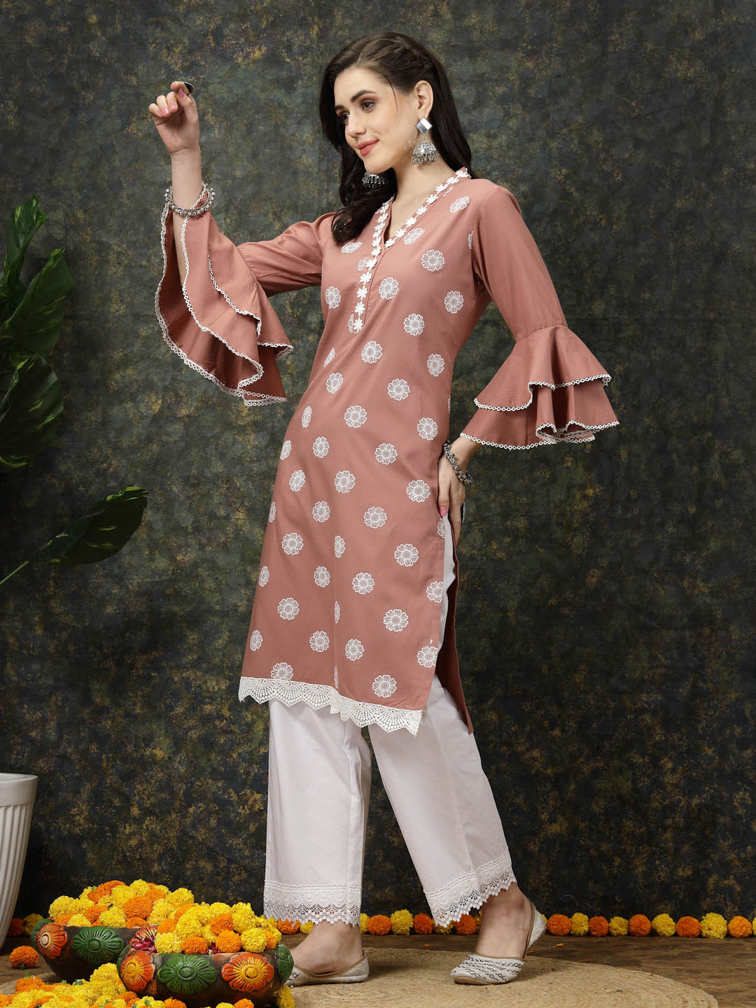 Pink Floral Printed Thread Work Bell Sleeves Cotton Straight Kurta