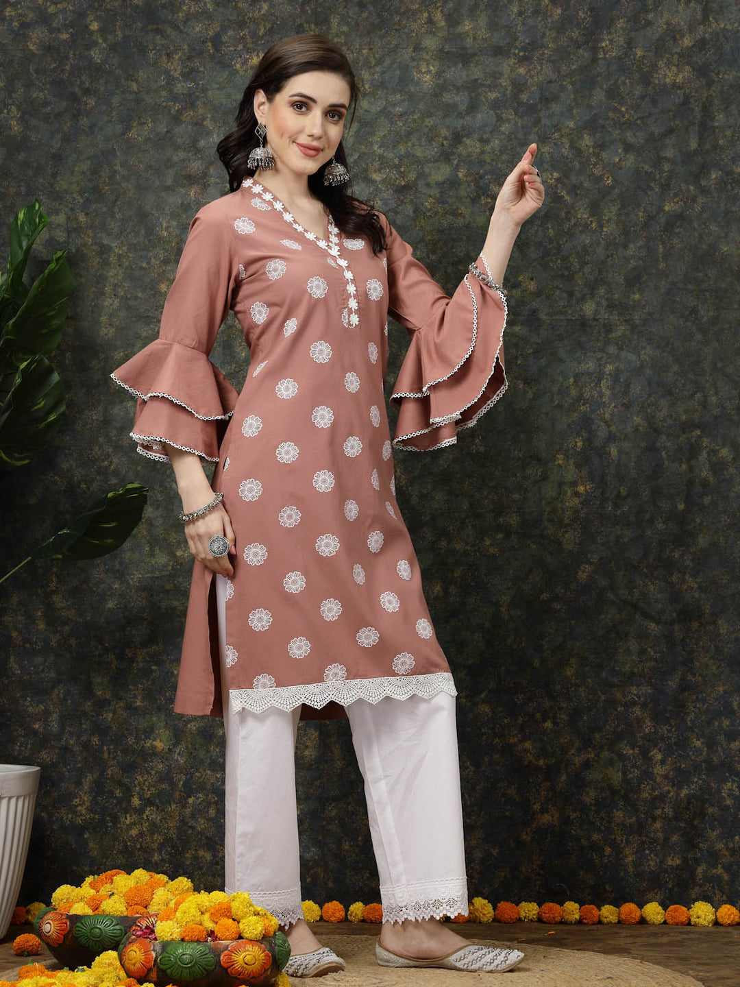 Pink Floral Printed Thread Work Bell Sleeves Cotton Straight Kurta