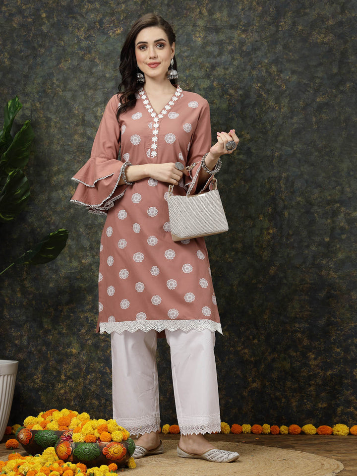 Pink Floral Printed Thread Work Bell Sleeves Cotton Straight Kurta