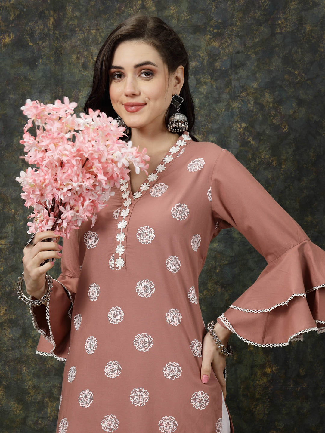 Pink Floral Printed Thread Work Bell Sleeves Cotton Straight Kurta