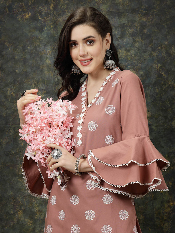 Pink Floral Printed Thread Work Bell Sleeves Cotton Straight Kurta