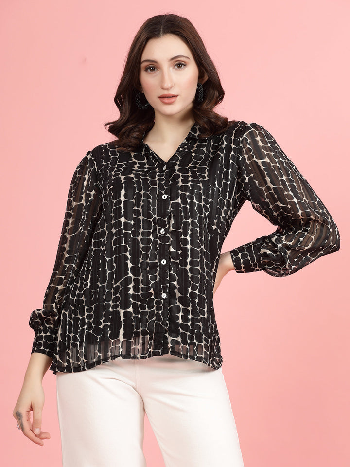 Black Spread Collar Semi Sheer Printed Casual Shirt