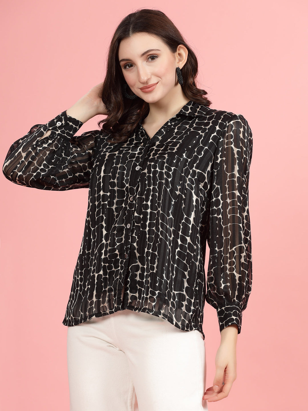 Black Spread Collar Semi Sheer Printed Casual Shirt