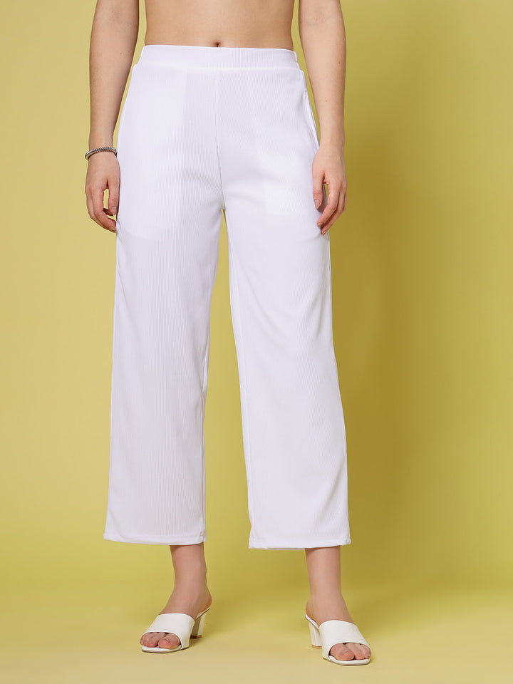 Women White Solid Parallel Trousers