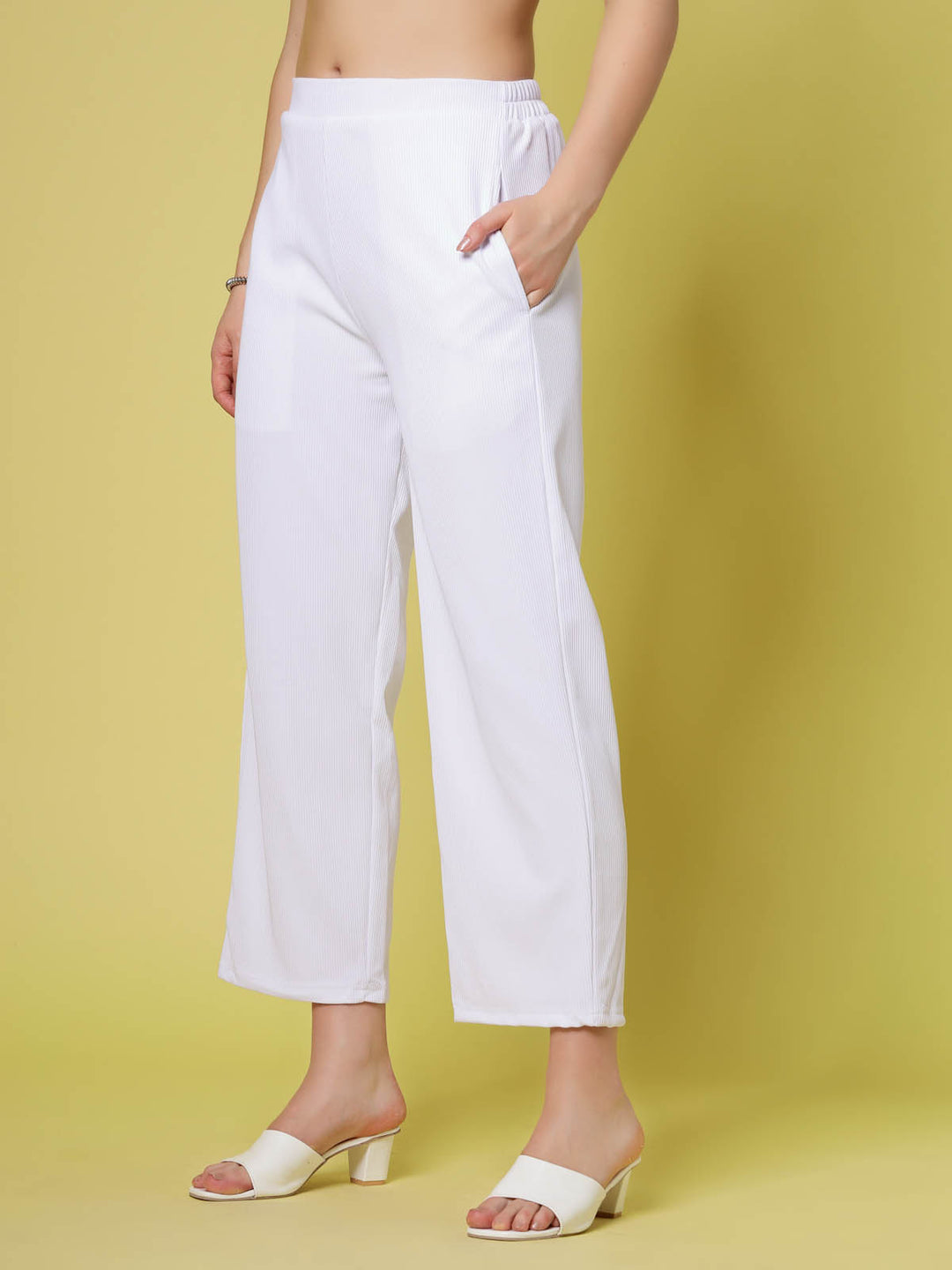 Women White Solid Parallel Trousers