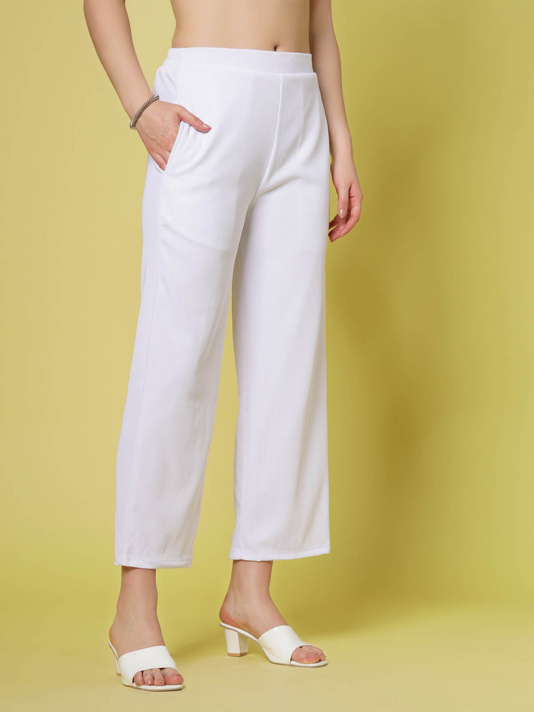 Women White Solid Parallel Trousers