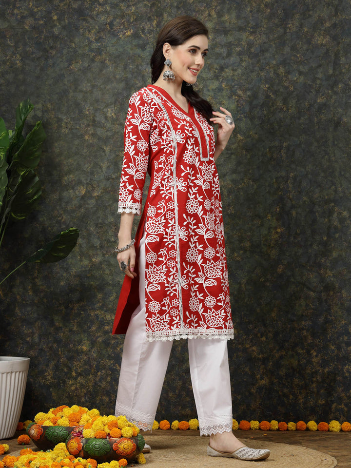 Red Floral Printed Thread Work Cotton Straight Kurta