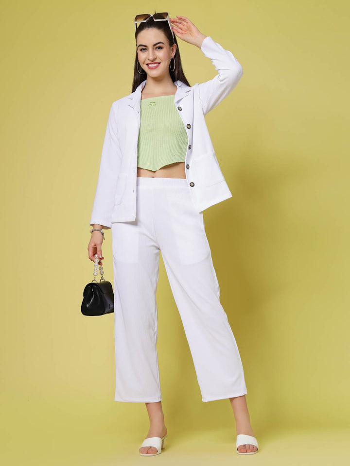 Women White Solid Parallel Trousers