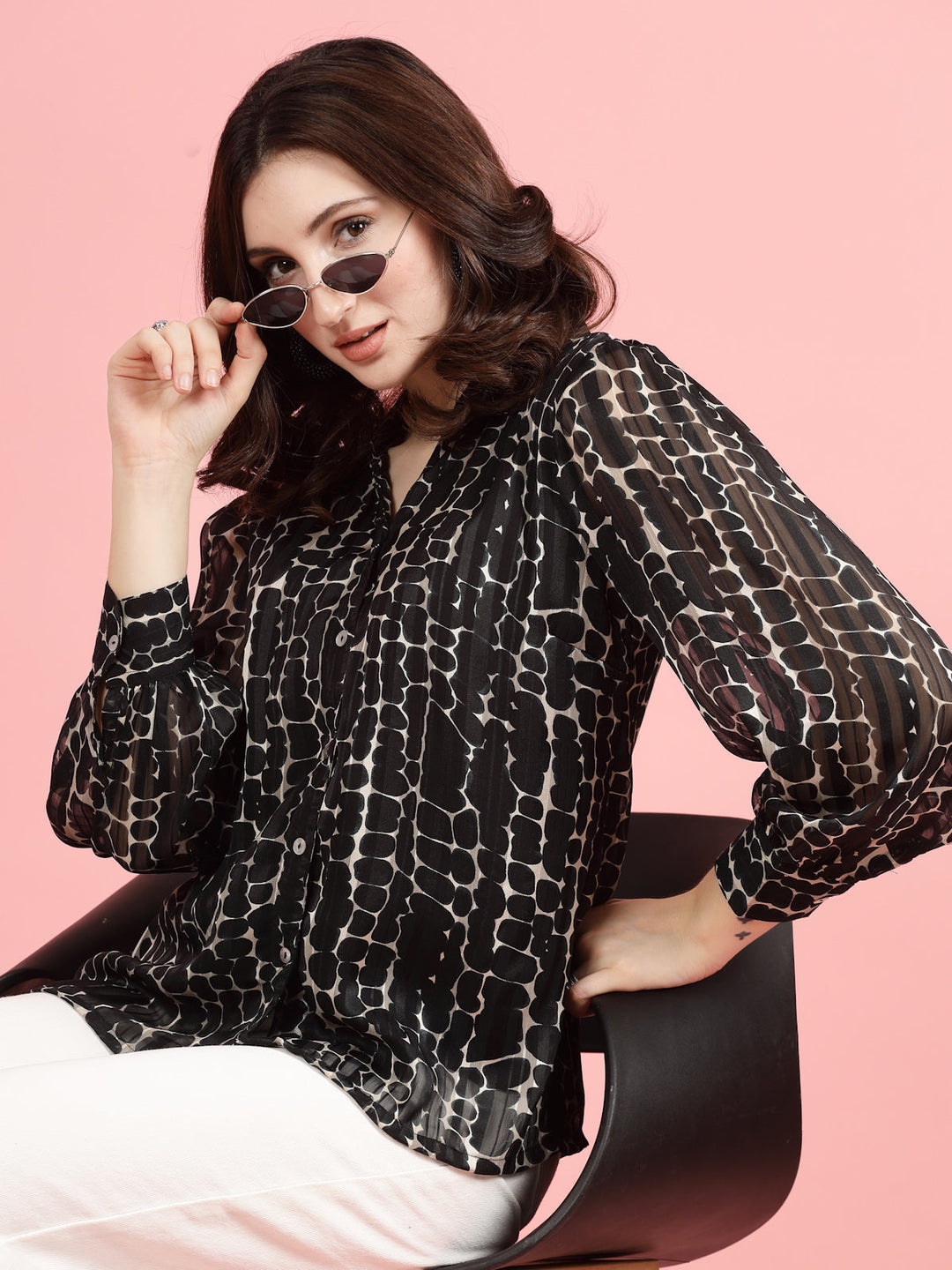 Black Spread Collar Semi Sheer Printed Casual Shirt