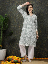 Sea Green & White Floral Printed Cotton Straight Kurta