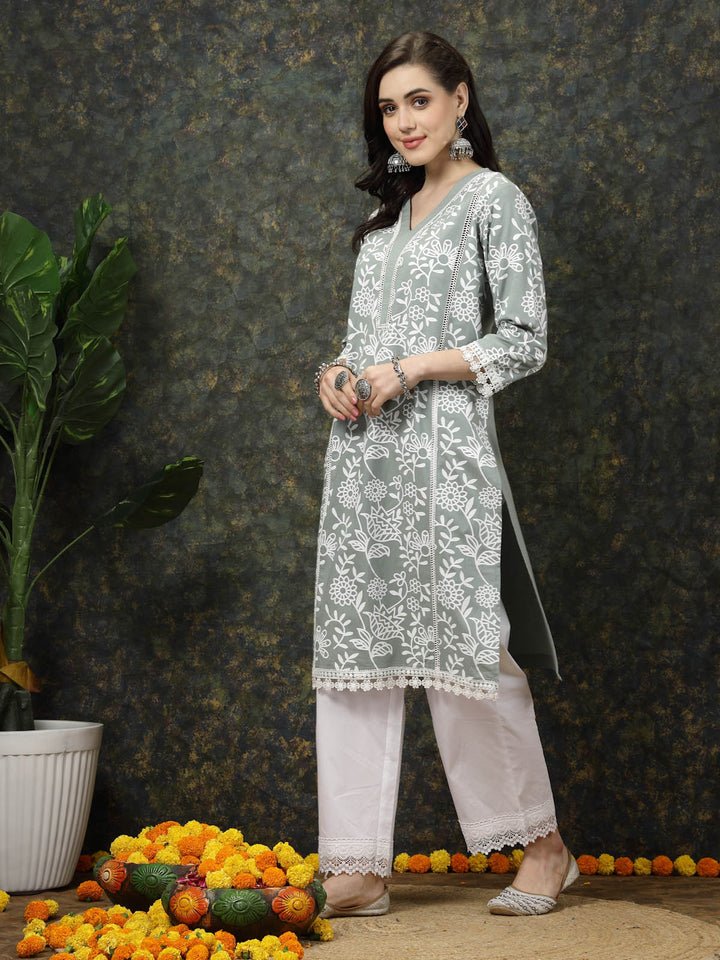 Sea Green & White Floral Printed Cotton Straight Kurta