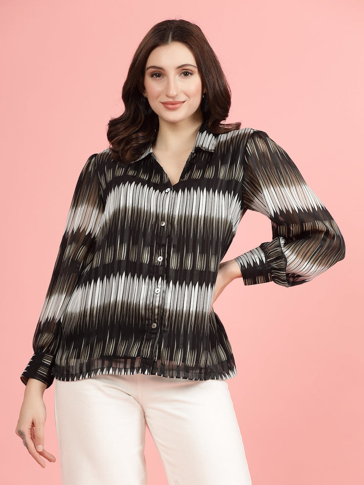 Black Spread Collar Semi Sheer Printed Casual Shirt