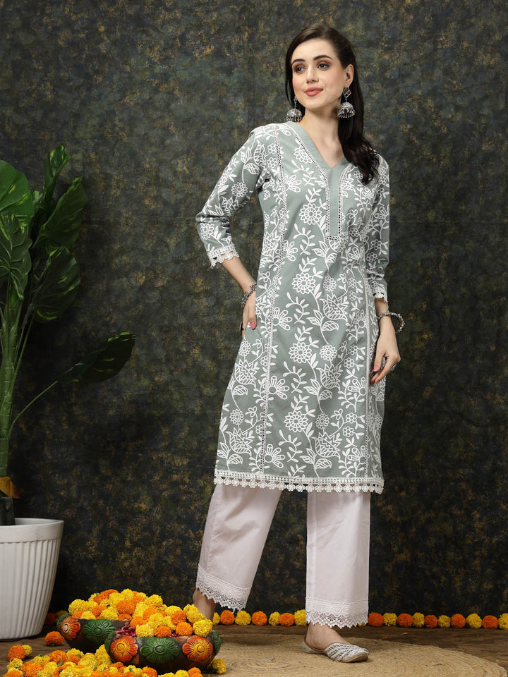 Sea Green & White Floral Printed Cotton Straight Kurta