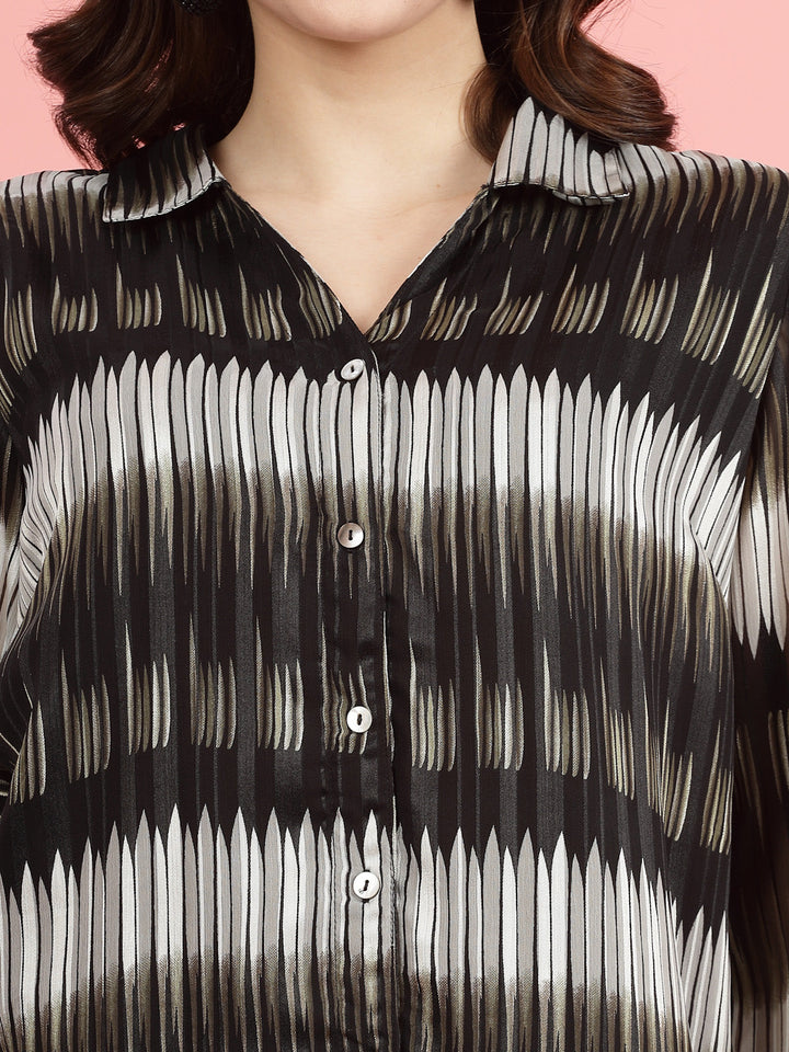 Black Spread Collar Semi Sheer Printed Casual Shirt