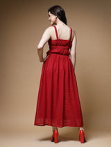Red Striped Embellished Shoulder Straps Gathered  Tiered Detail Maxi Dress