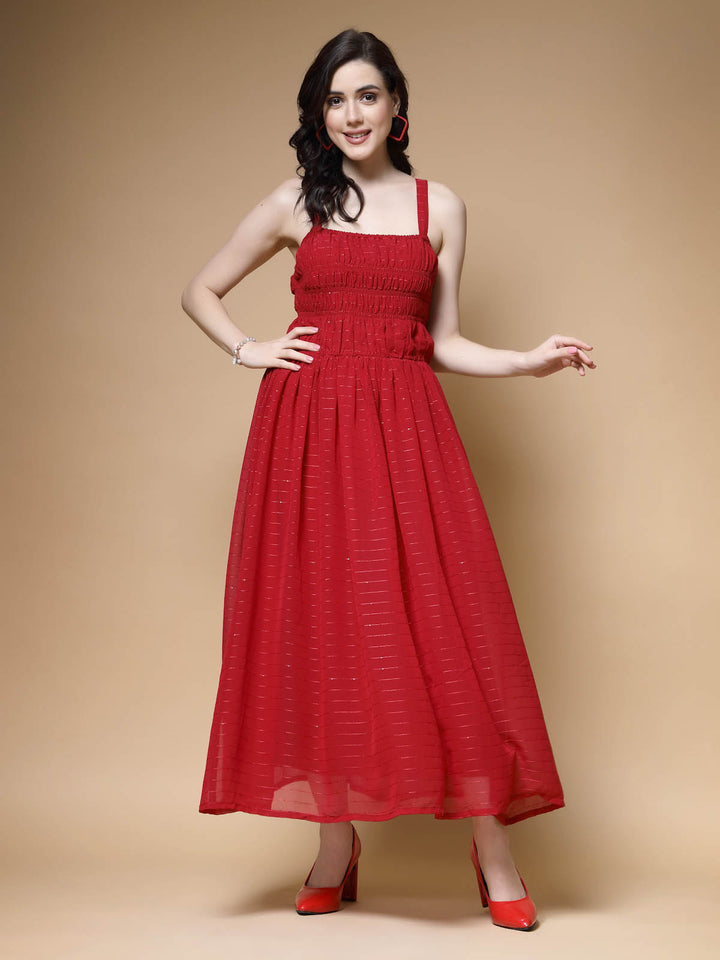 Red Striped Embellished Shoulder Straps Gathered  Tiered Detail Maxi Dress