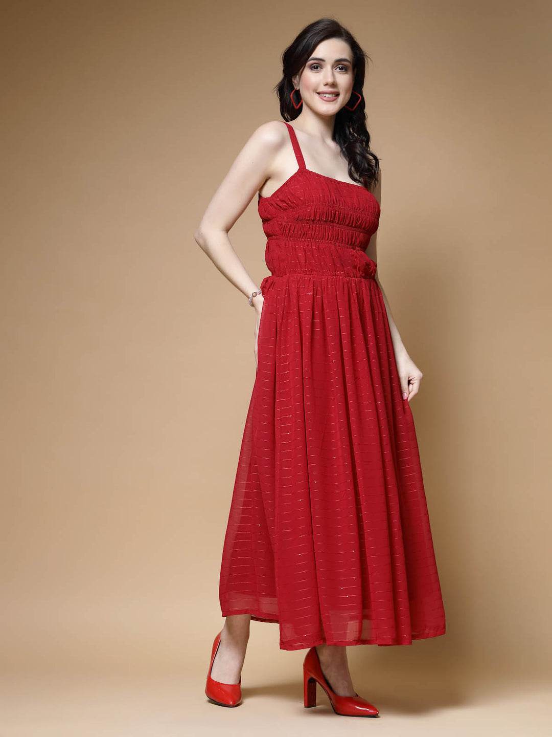 Red Striped Embellished Shoulder Straps Gathered  Tiered Detail Maxi Dress