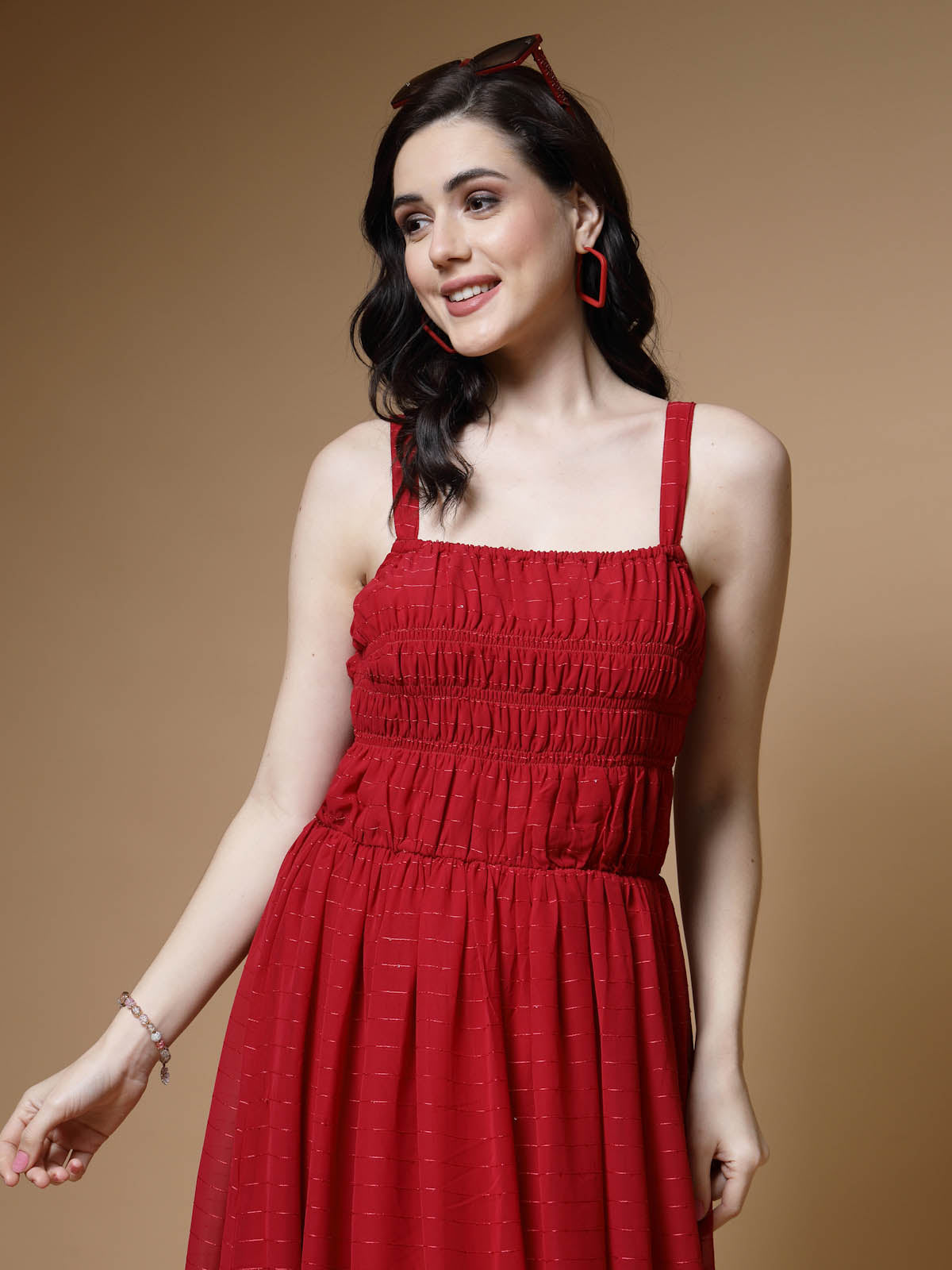 Red Striped Embellished Shoulder Straps Gathered  Tiered Detail Maxi Dress