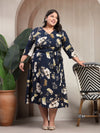 Plus Size Women Floral Printed V-Neck Puff Sleeves Fit And Flare Midi Dress