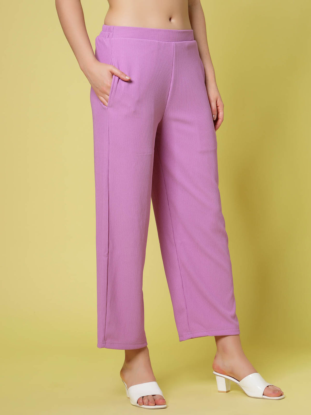 Women Lavender Solid Parallel Trousers