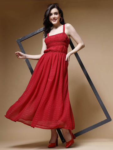 Red Striped Embellished Shoulder Straps Gathered  Tiered Detail Maxi Dress