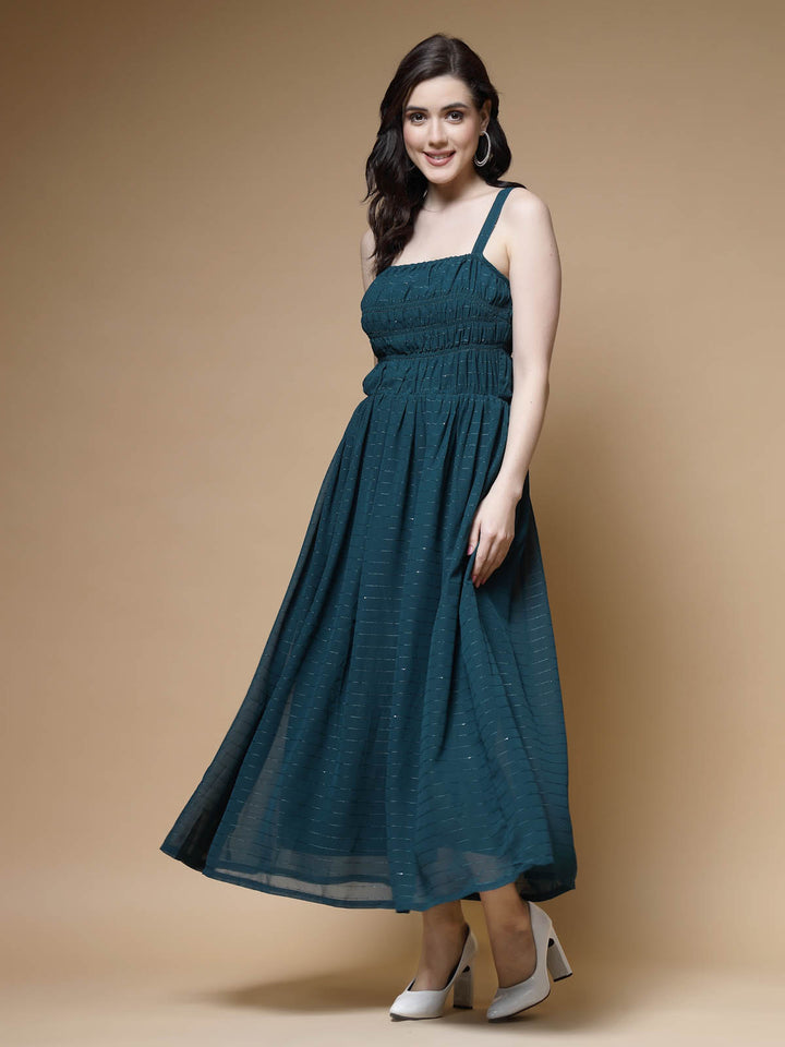 Teal Blue Striped Embellished Shoulder Straps Gathered  Tiered Detail Maxi Dress