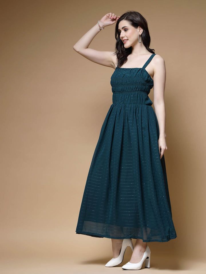 Teal Blue Striped Embellished Shoulder Straps Gathered  Tiered Detail Maxi Dress