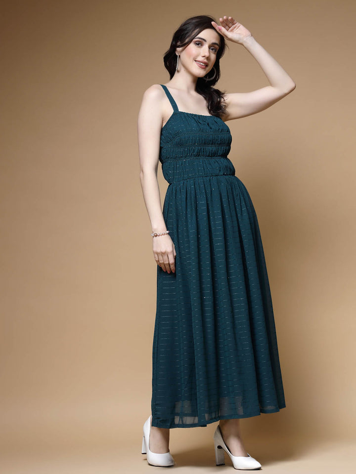 Teal Blue Striped Embellished Shoulder Straps Gathered  Tiered Detail Maxi Dress