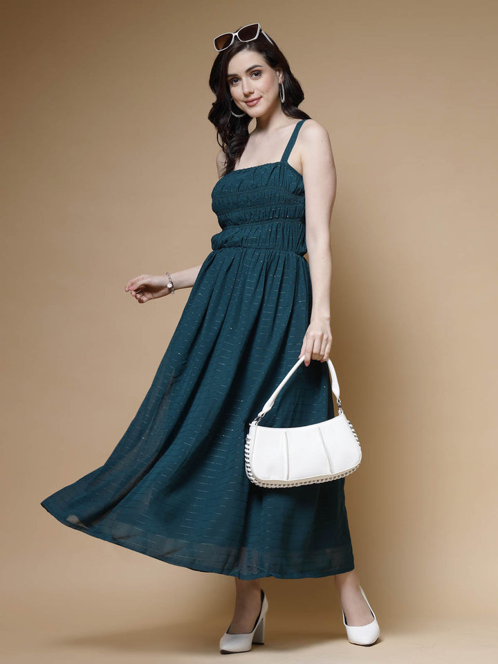 Teal Blue Striped Embellished Shoulder Straps Gathered  Tiered Detail Maxi Dress