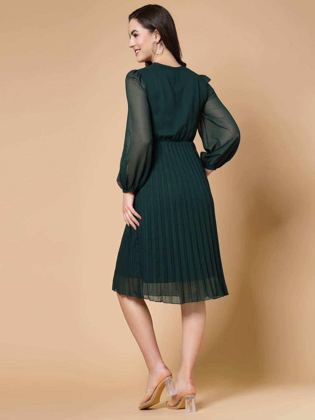 Green V-Neck Puff Sleeves Accordion Pleated Empire Dress