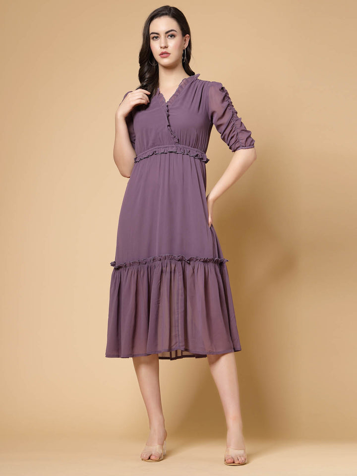 Purple V-Neck Empire Midi Dress