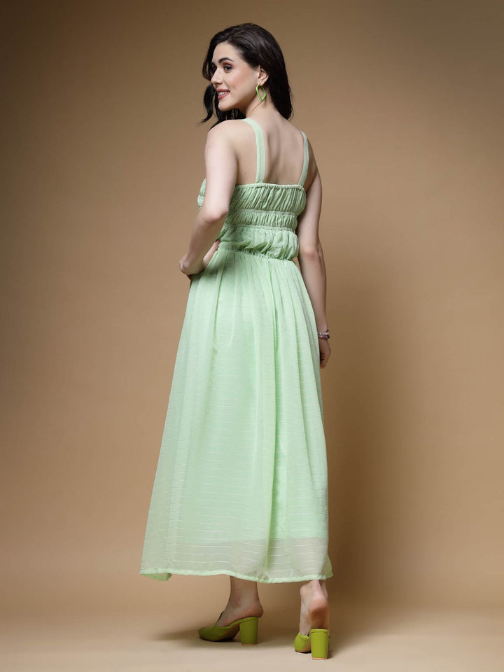 Sea Green Shoulder Straps Gathered Smocked Maxi Dress