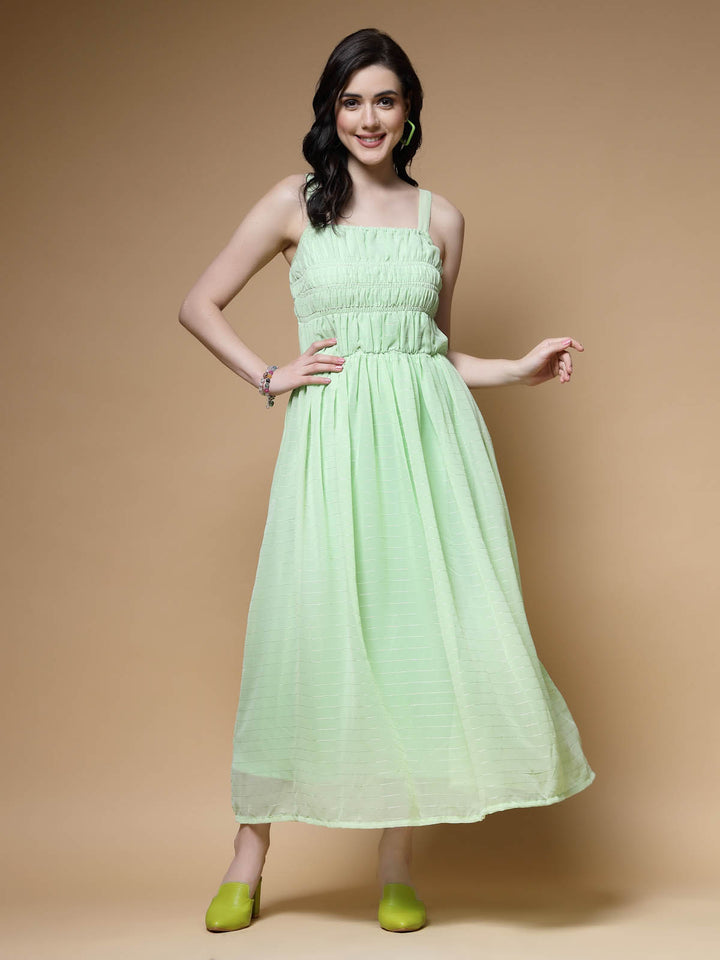 Sea Green Shoulder Straps Gathered Smocked Maxi Dress