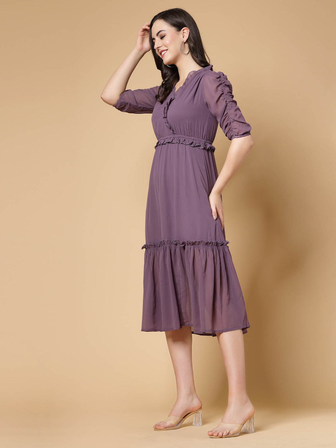 Purple V-Neck Empire Midi Dress