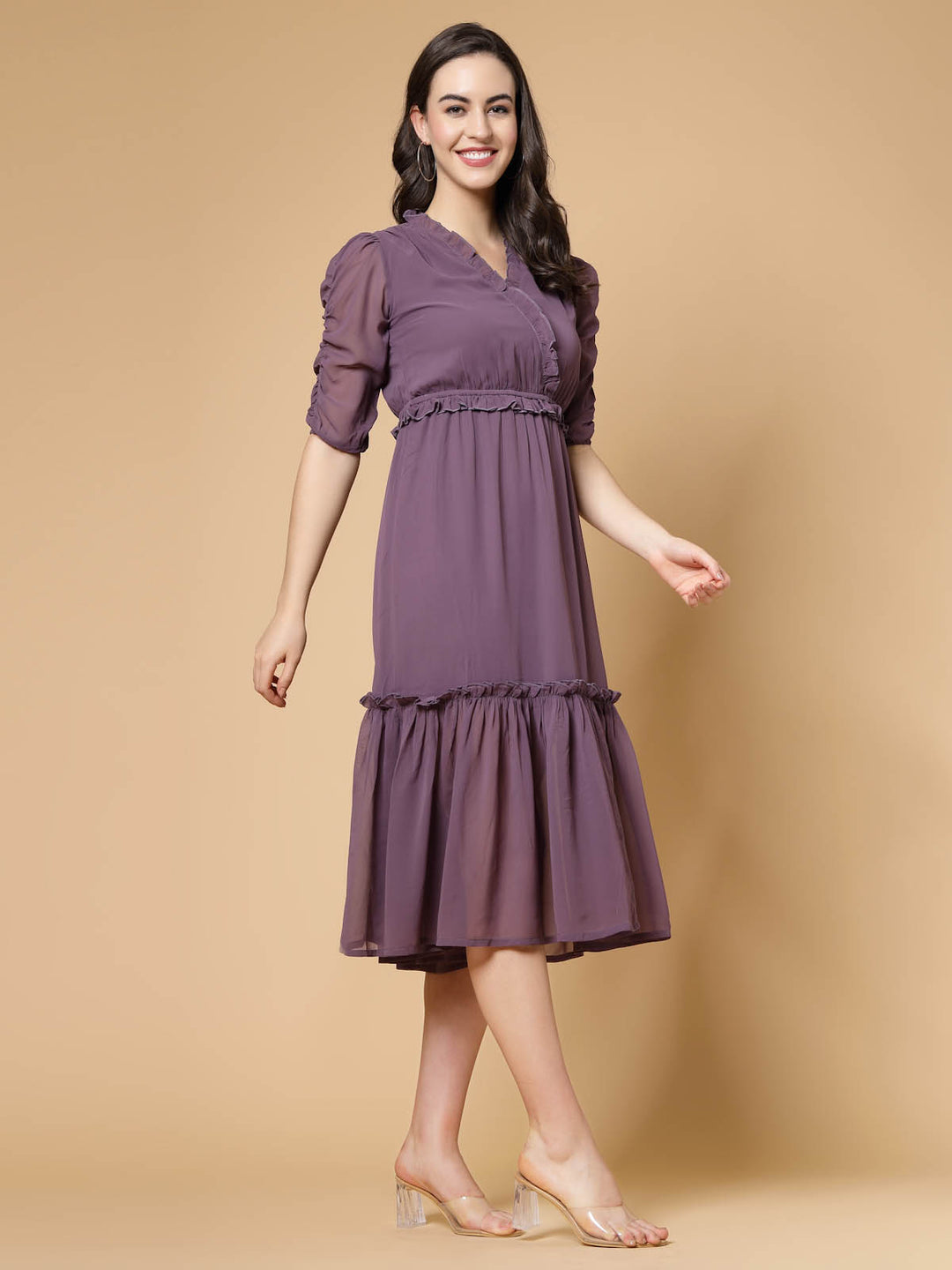 Purple V-Neck Empire Midi Dress