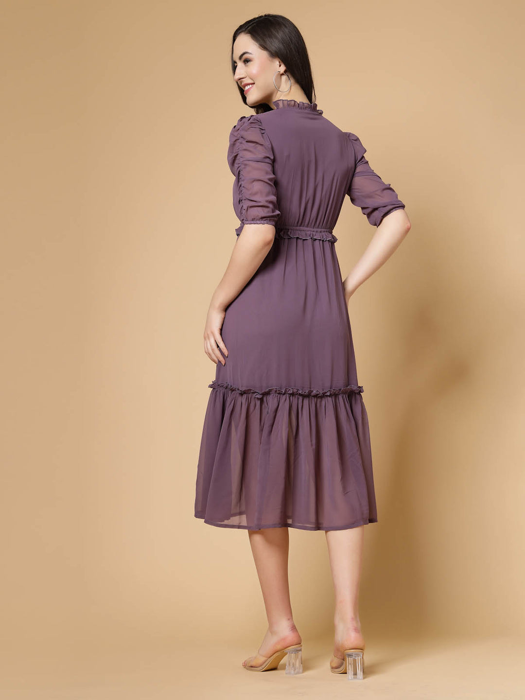 Purple V-Neck Empire Midi Dress