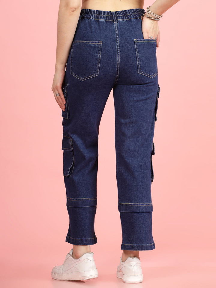 Women Blue High-Rise Clean Look Light Fade Cargo Styles Cotton Jeans