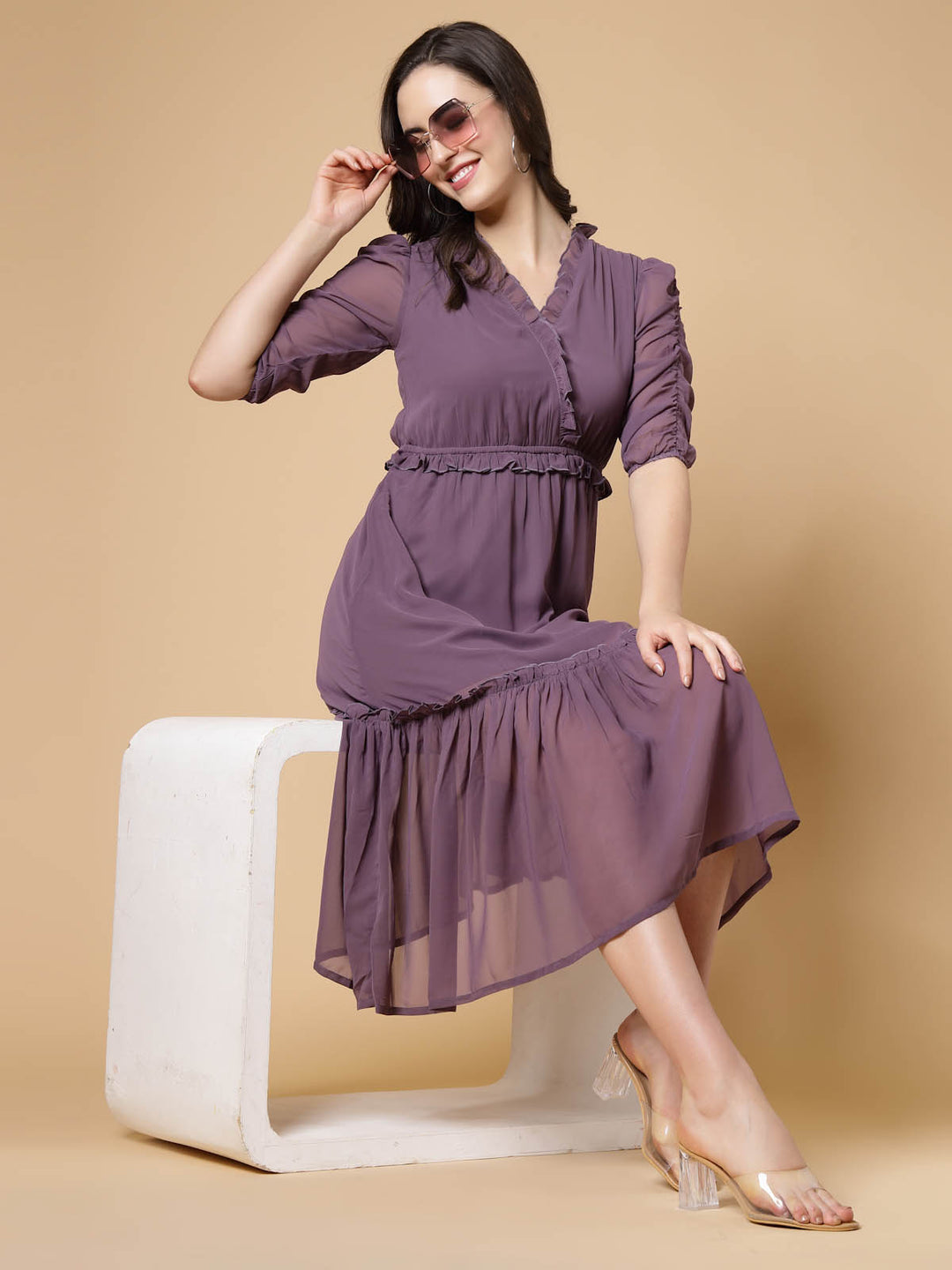 Purple V-Neck Empire Midi Dress