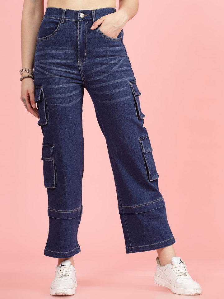 Women Blue High-Rise Clean Look Light Fade Cargo Styles Cotton Jeans