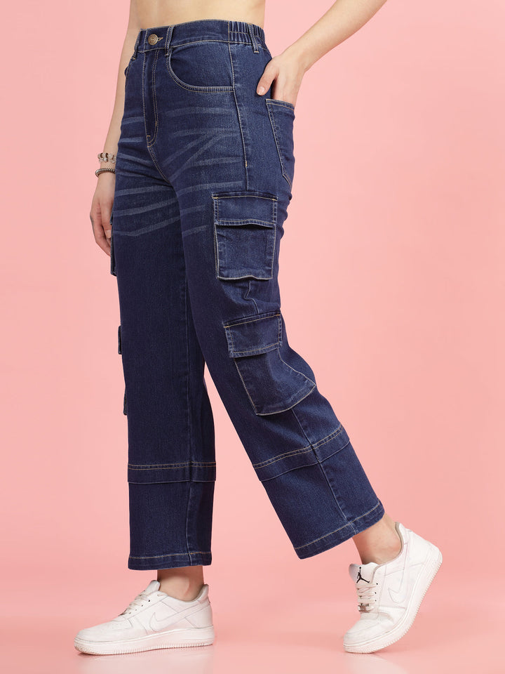 Women Blue High-Rise Clean Look Light Fade Cargo Styles Cotton Jeans