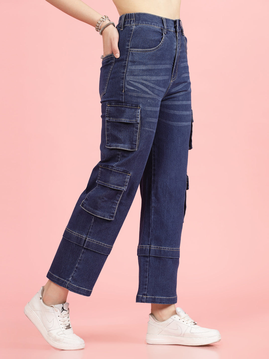 Women Blue High-Rise Clean Look Light Fade Cargo Styles Cotton Jeans