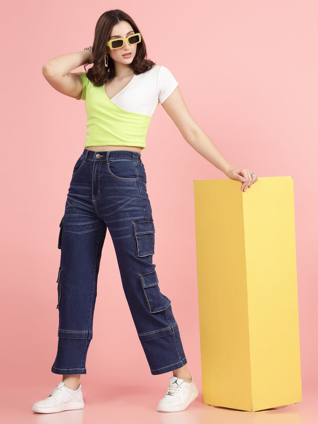 Women Blue High-Rise Clean Look Light Fade Cargo Styles Cotton Jeans