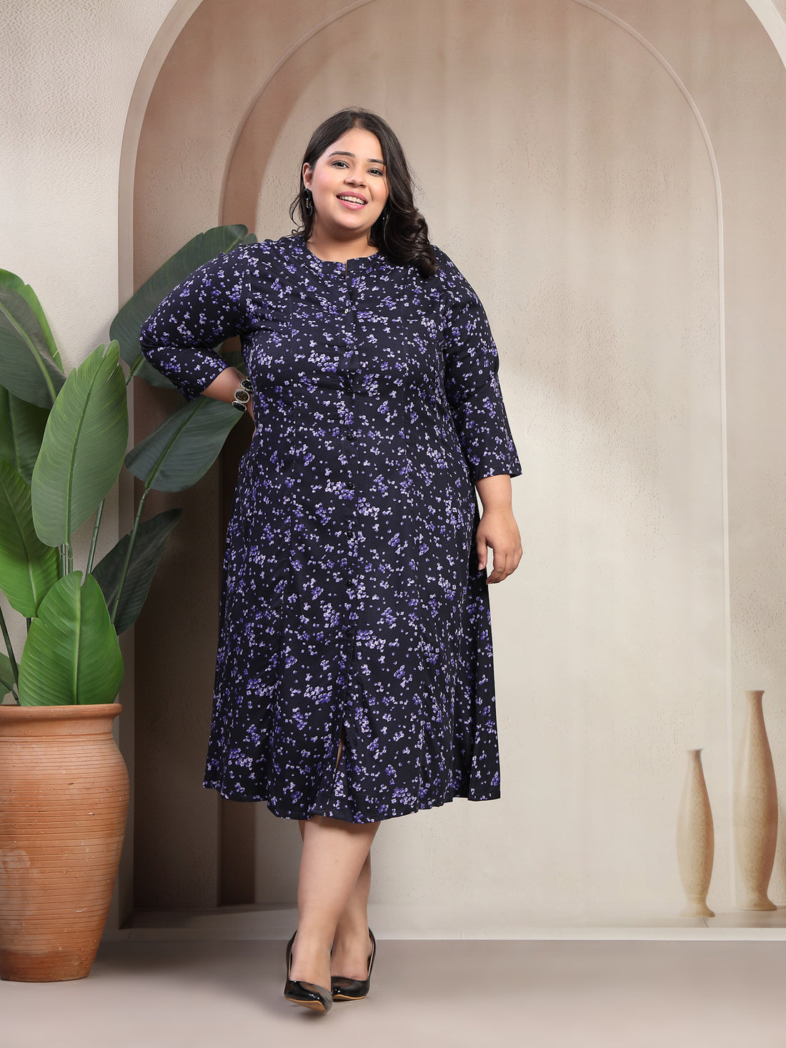 Women Plus Size Floral Print A-Line Midi Dress