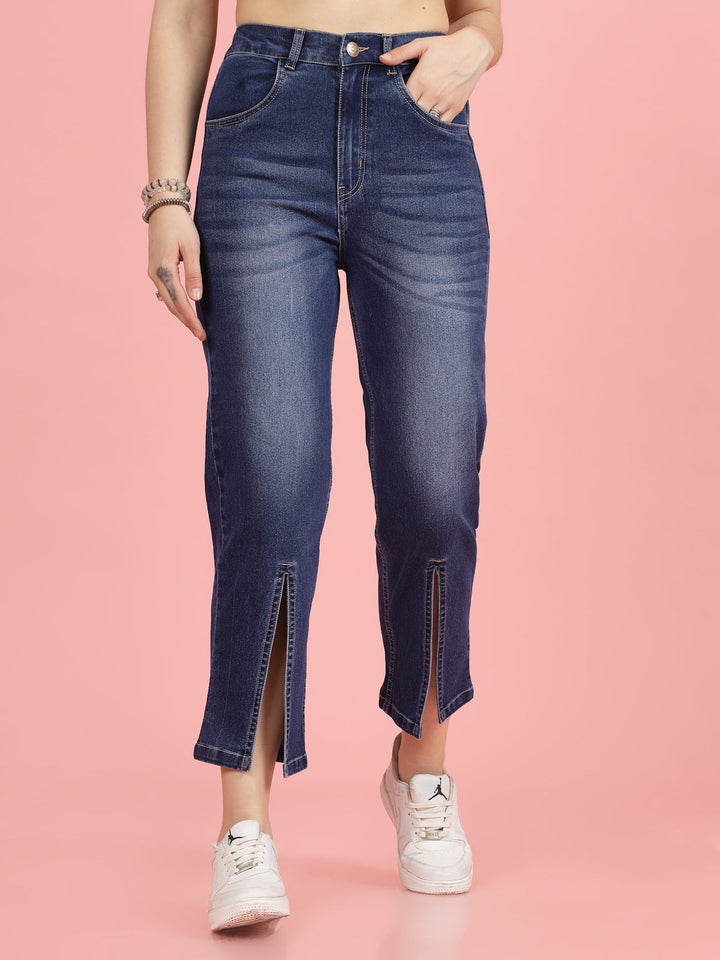 Women Blue High-Rise Clean Look Heavy Fade Front Slit Cotton Jeans